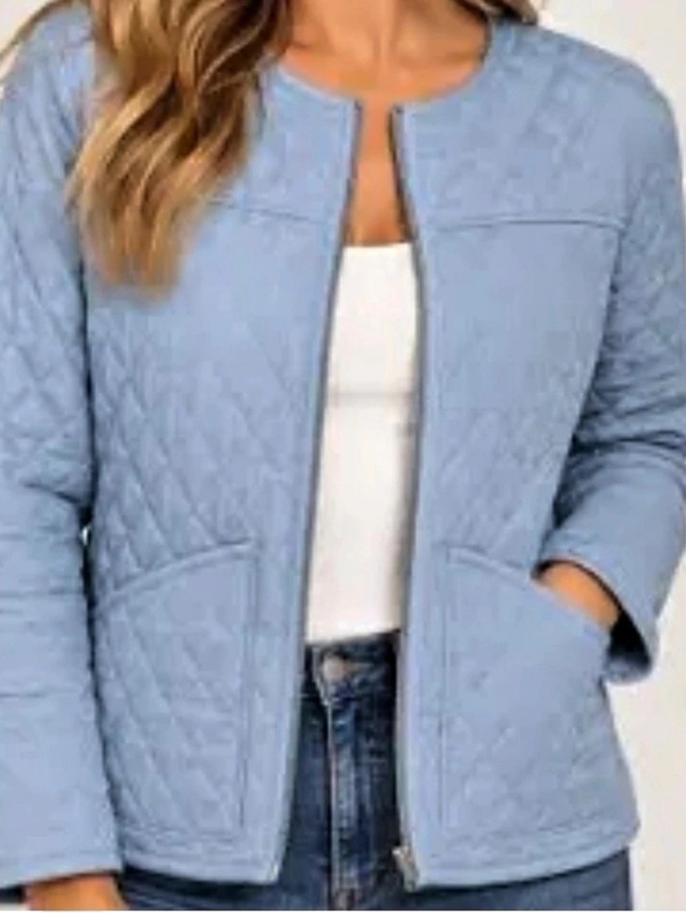 Mo-Ka Quilted women’s size medium blue diamond- quilted zip front Jacket.
